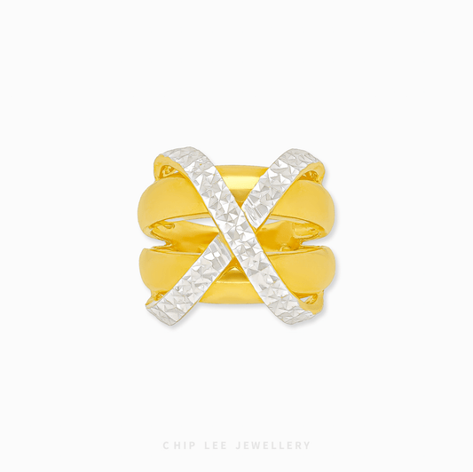 Duo Tone Criss-Cross Ring in 916 gold featuring overlapping textured and polished bands in a bold architectural X-shape.
