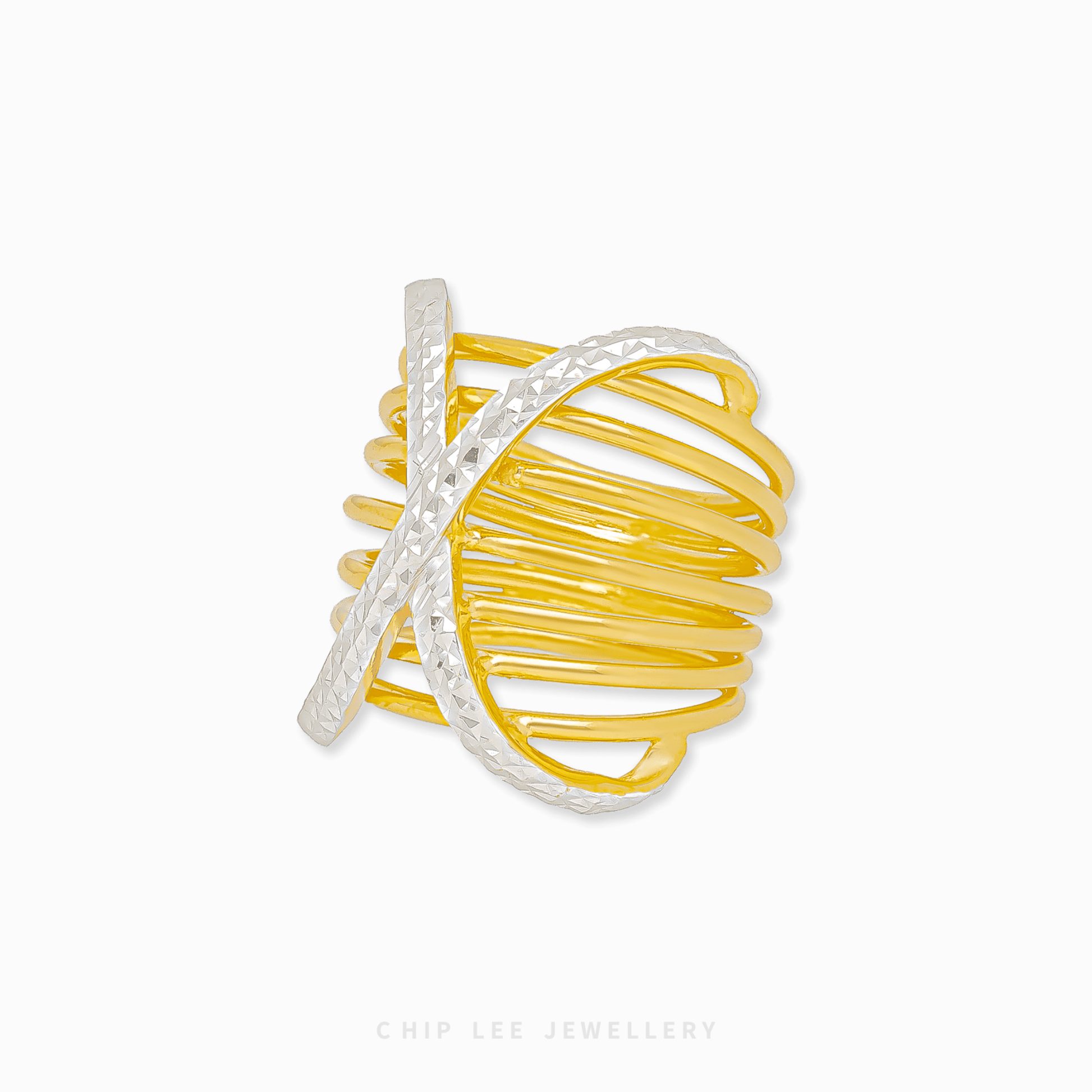 Duo Tone Criss-Cross Ring in 916 gold featuring overlapping mixed-texture bands in a bold and architectural X-shape design.