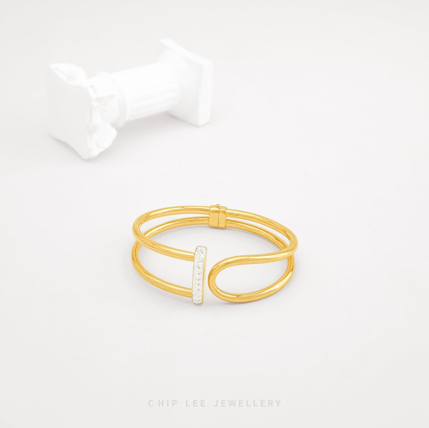 Duo Tone Cuff Bangle by Chip Lee Jewellery Singapore, sculpted 916 gold with matte and high-polish finishes, bold and elegant accessory