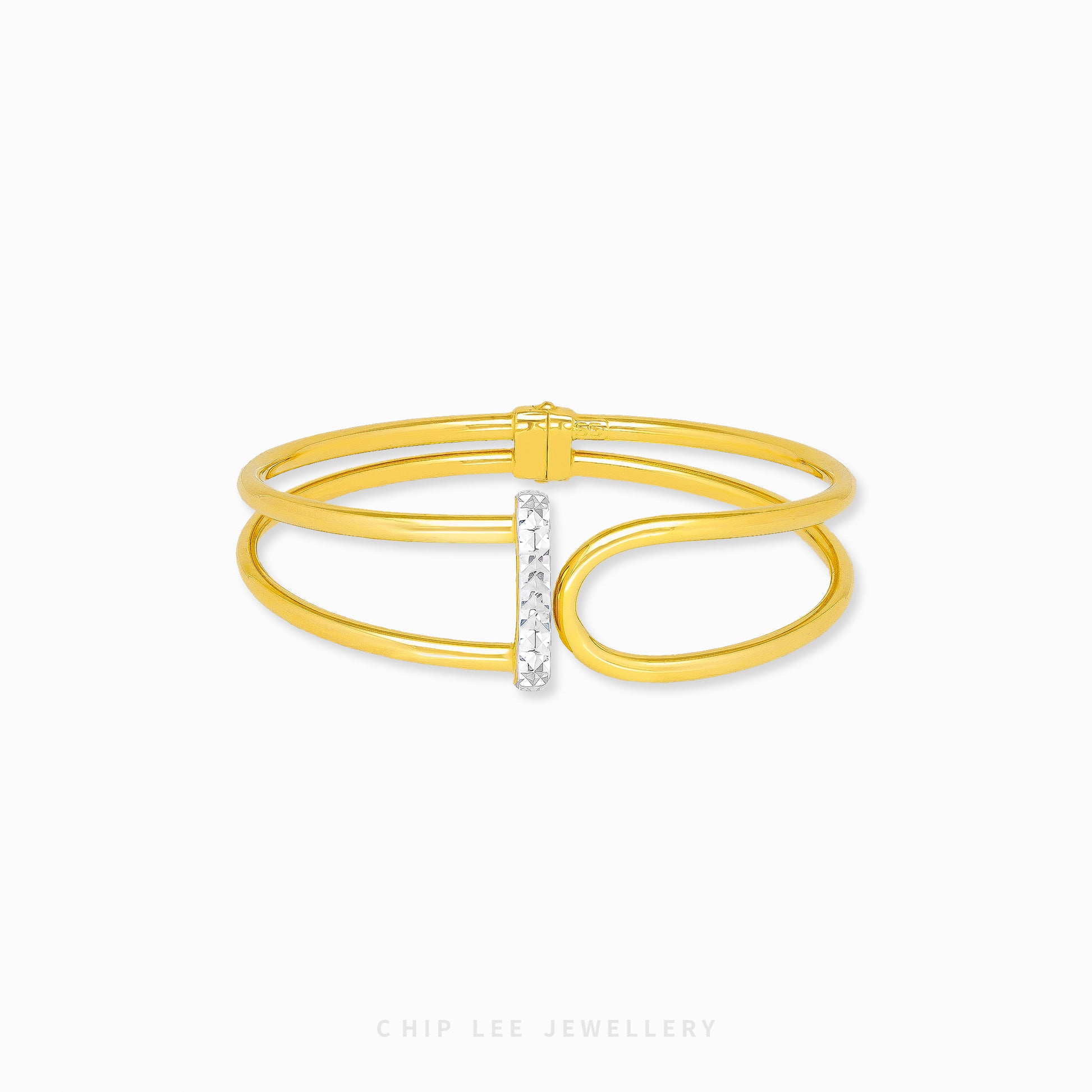 Duo Tone Cuff Bangle by Chip Lee Jewellery Singapore, sculpted 916 gold with matte and high-polish finishes, bold and elegant accessory