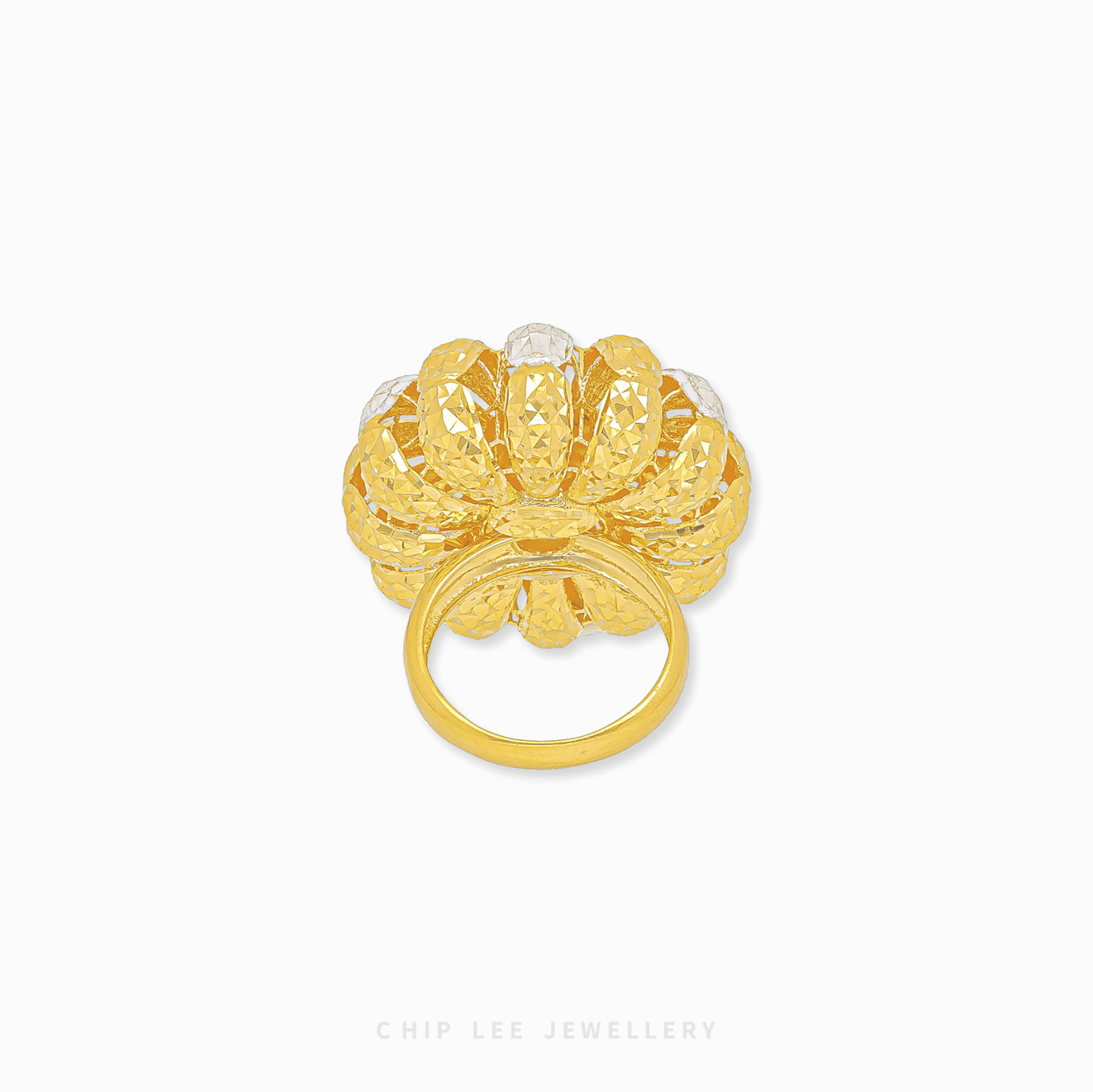 Duo Tone Daisy Floral Ring in 916 gold featuring layered mixed-texture petals and a central high-polish golden stamen.