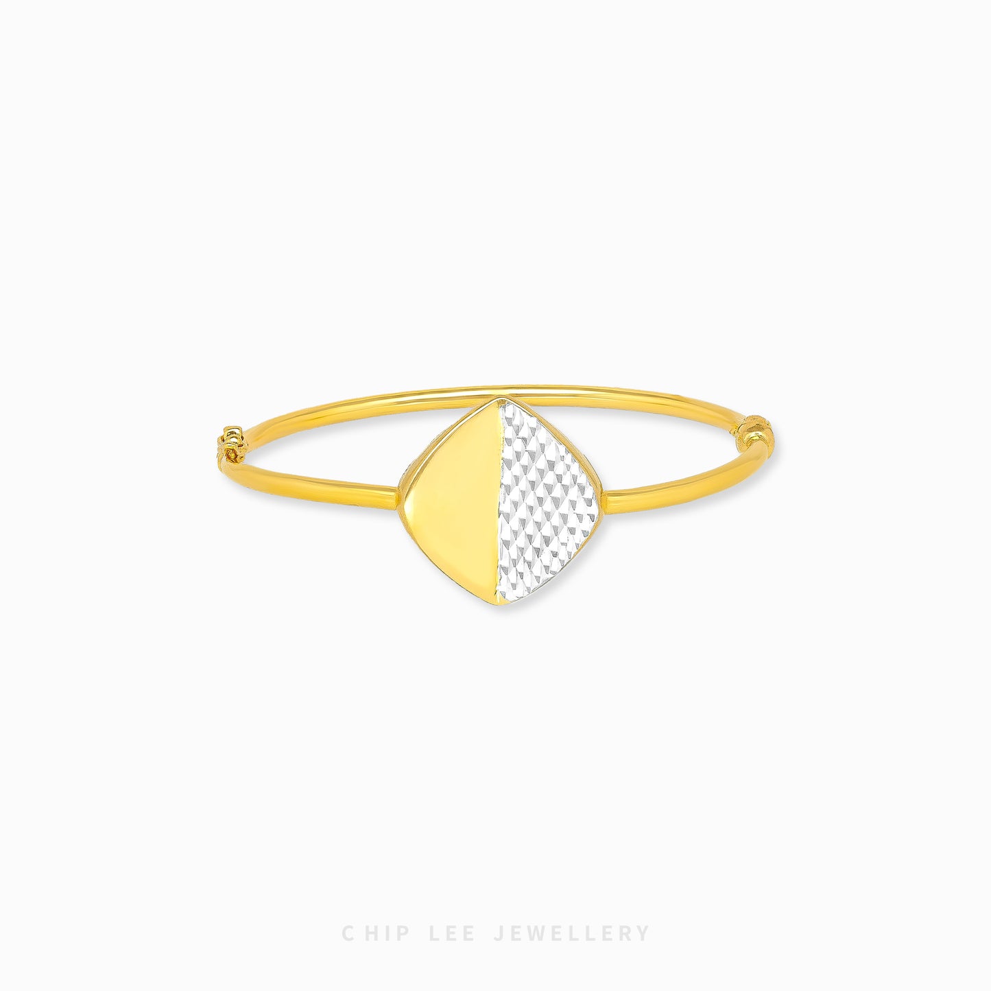 Duo Tone Diamond Bangle by Chip Lee Jewellery Singapore, sculpted 916 gold with matte and high-polish finishes, adorned with diamonds for bold elegance