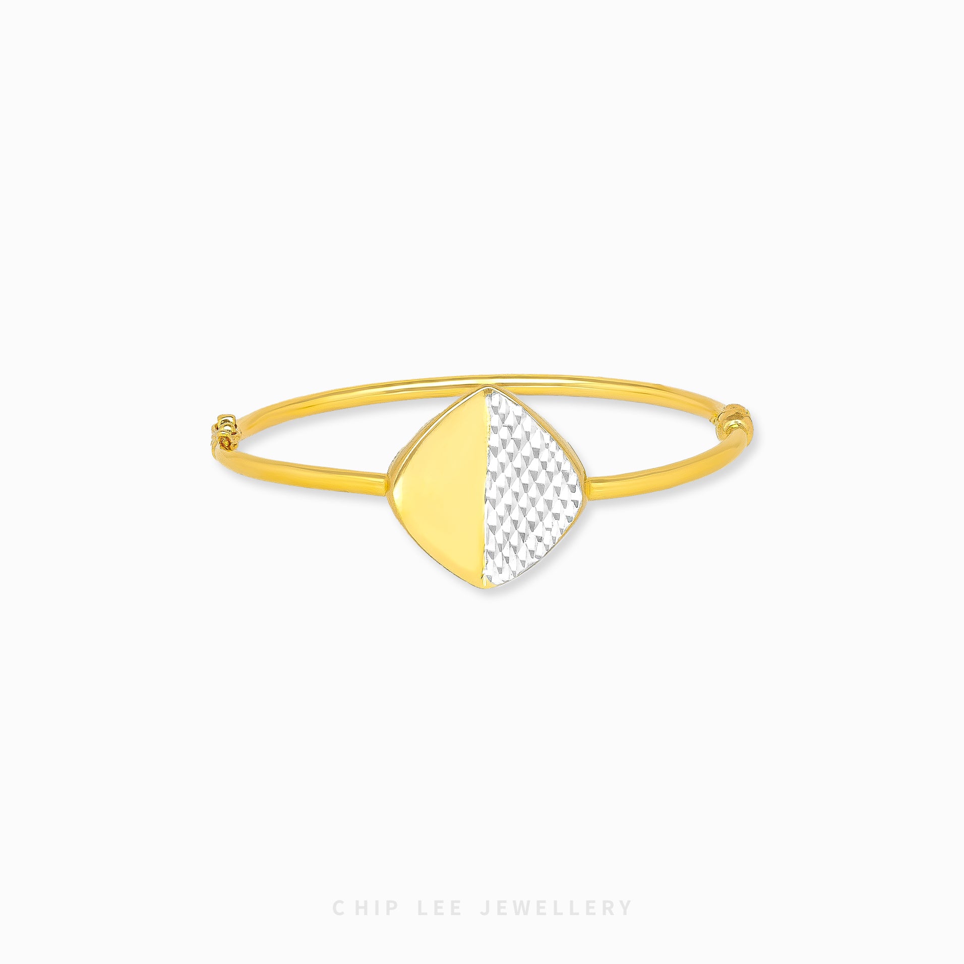 Duo Tone Diamond Bangle by Chip Lee Jewellery Singapore, sculpted 916 gold with matte and high-polish finishes, adorned with diamonds for bold elegance