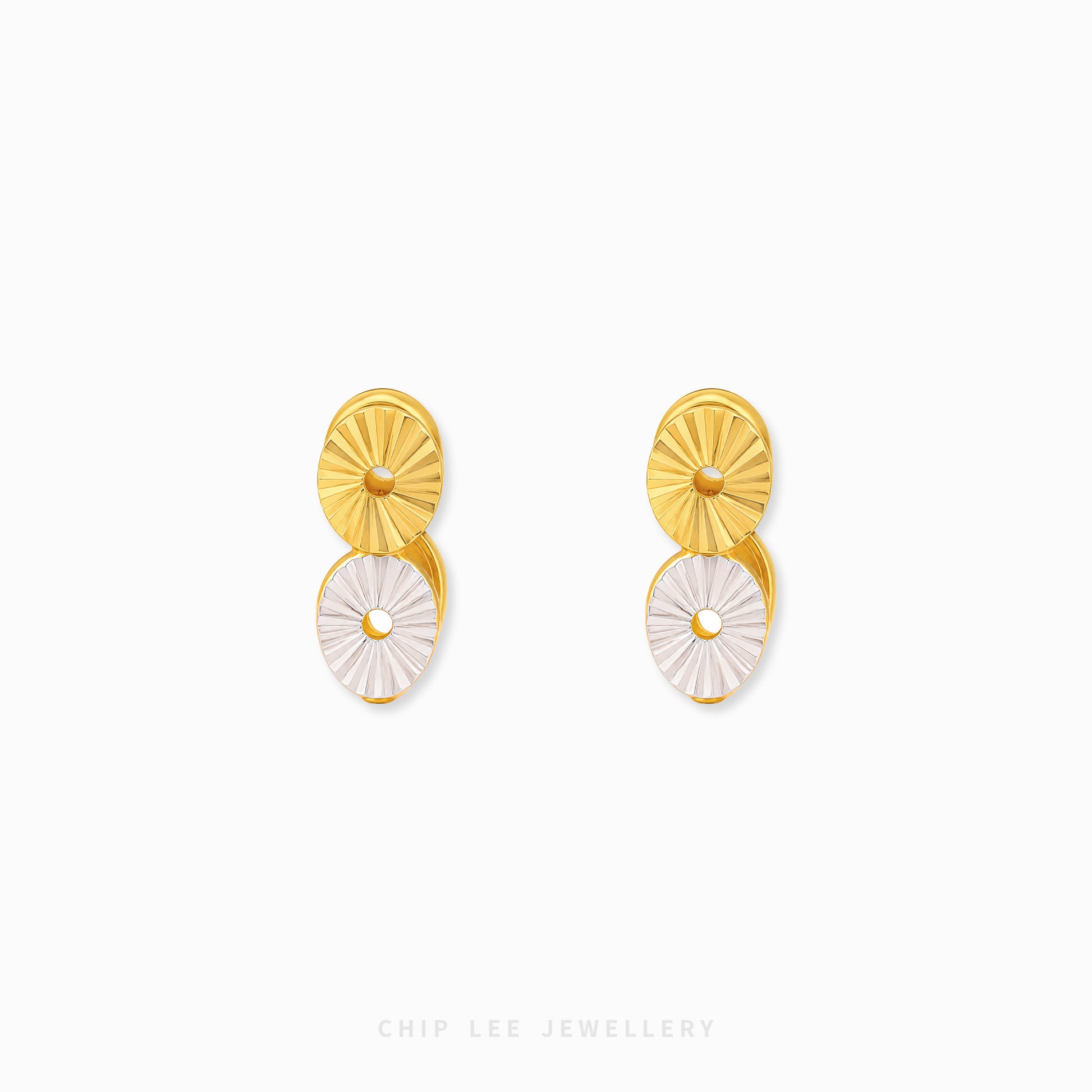 Two-tone hoop earrings with modern disc detailing and contemporary styling.
