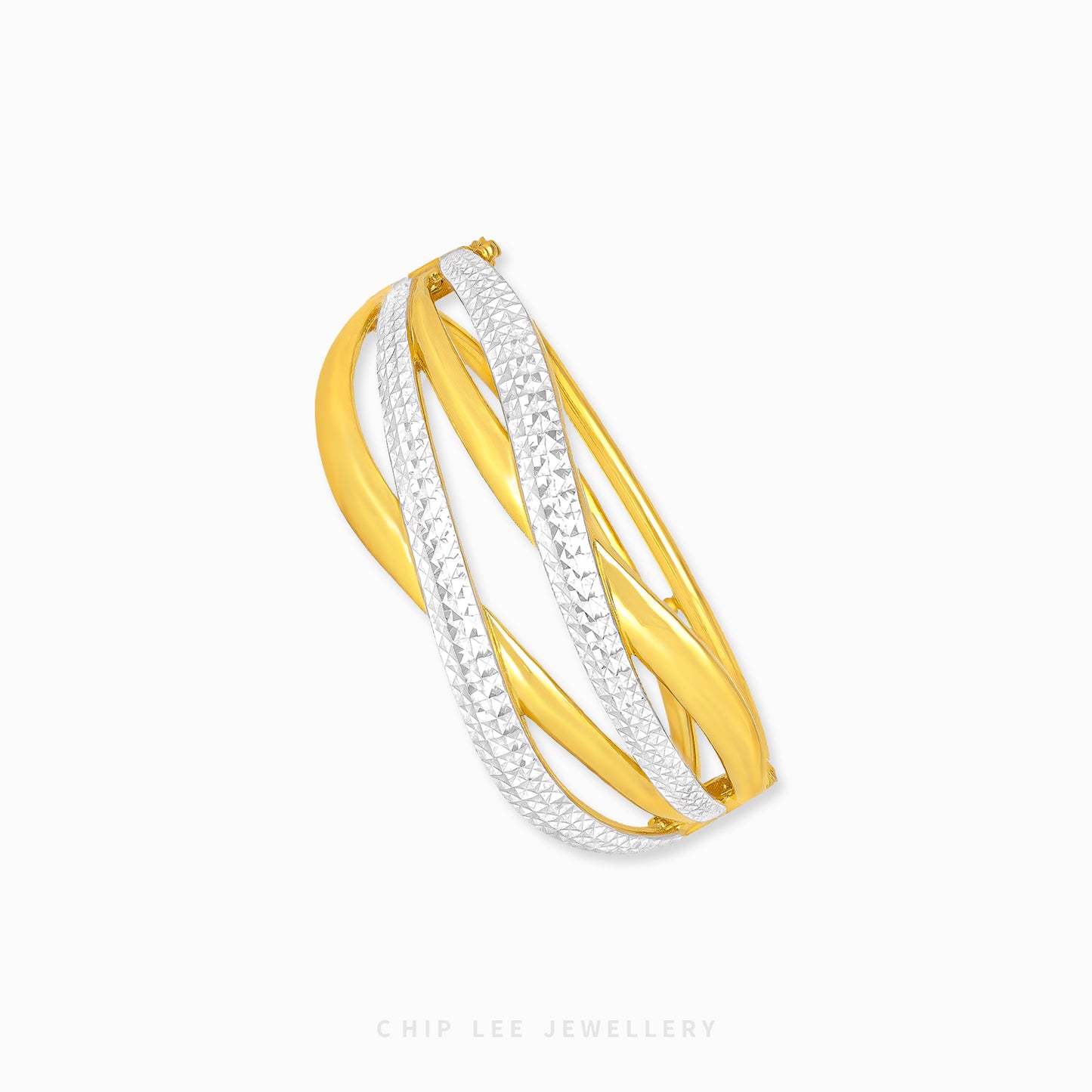 Duo Tone Duo Crossover Bangle by Chip Lee Jewellery Singapore, sculpted 916 gold with matte and high-polish finishes, bold and elegant accessory