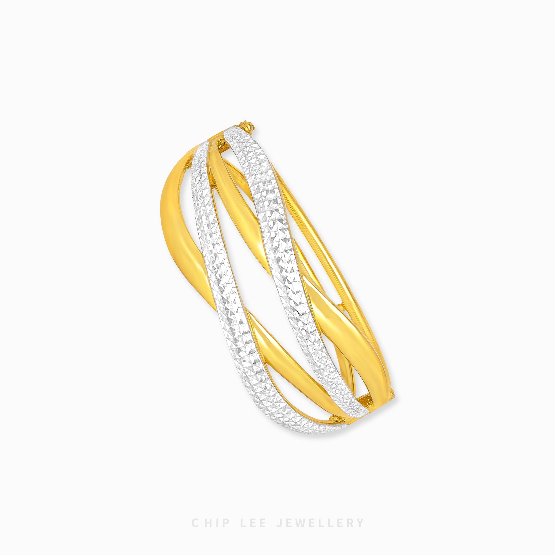 Duo Tone Duo Crossover Bangle by Chip Lee Jewellery Singapore, sculpted 916 gold with matte and high-polish finishes, bold and elegant accessory