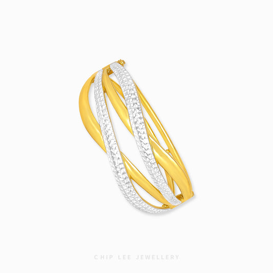 Duo Tone Duo Crossover Bangle by Chip Lee Jewellery Singapore, sculpted 916 gold with matte and high-polish finishes, bold and elegant accessory
