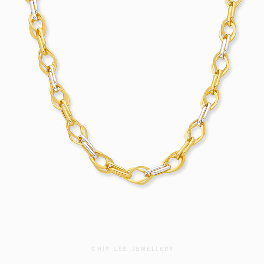 Duo Tone Fancy Link Chain Necklace with alternating matte and high-polish interlocking links in 916 gold by Chip Lee Jewellery Singapore
