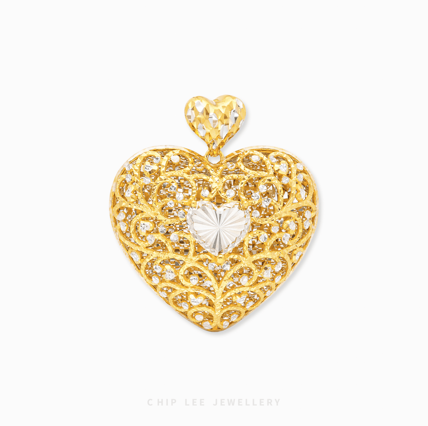 Duo Tone Filigree Heart Pendant with intricate filigree design, dual tone finish, elegant romantic women’s jewelry