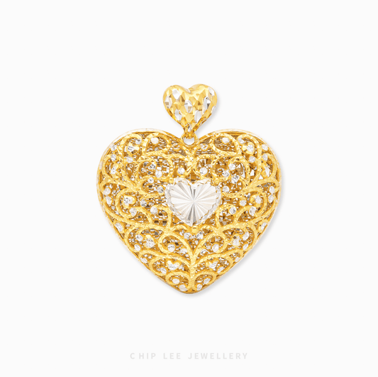 Duo Tone Filigree Heart Pendant with intricate filigree design, dual tone finish, elegant romantic women’s jewelry