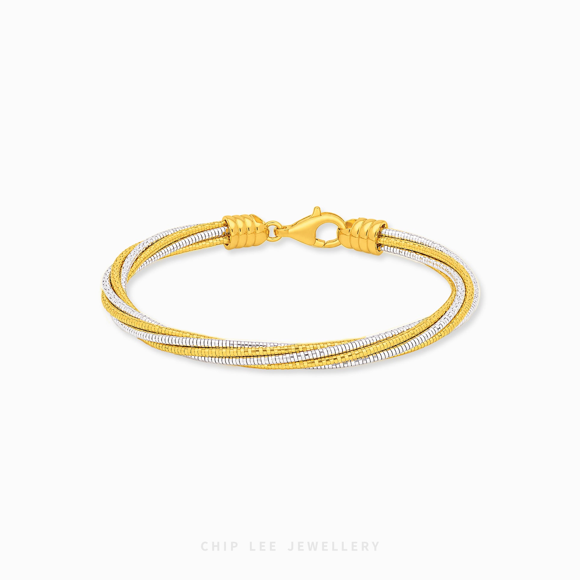 A gold-plated multi-strand snake chain bracelet with a lobster clasp, displayed on a clean white background with a Chip Lee Jewellery watermark at the bottom.