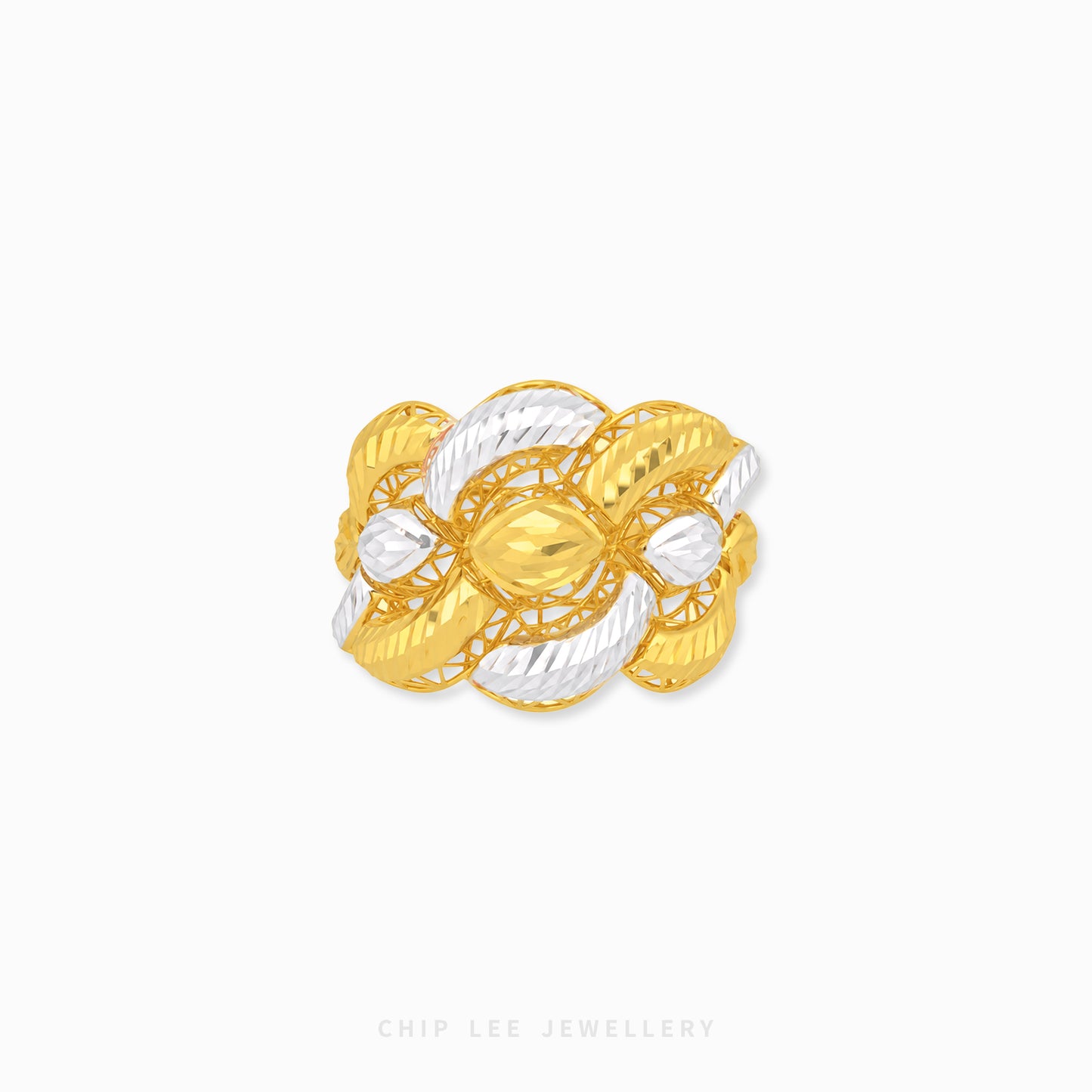 A two-tone gold and silver ring with a textured, knotted floral design, shown on a plain white background with a Chip Lee Jewellery watermark at the bottom.