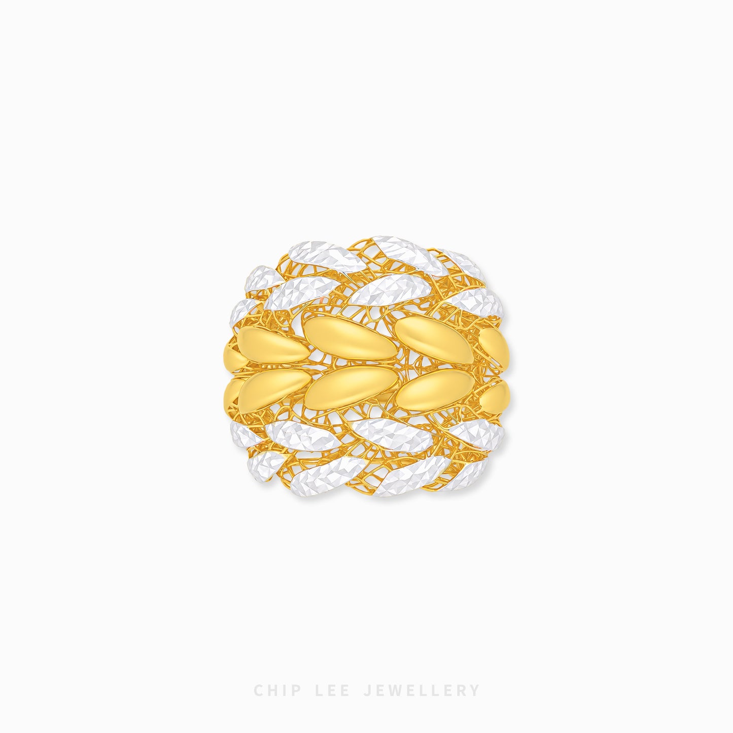 A gold and white textured woven ring by Chip Lee Jewellery, featuring smooth gold oval links interwoven with textured white links, shown on a light gray background.