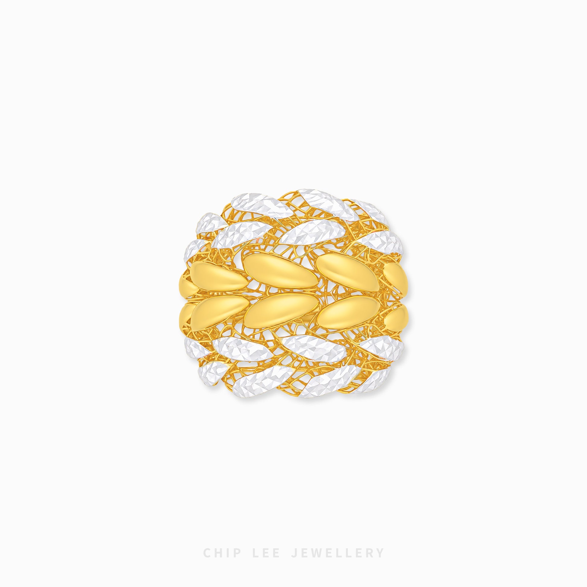 A gold and white textured woven ring by Chip Lee Jewellery, featuring smooth gold oval links interwoven with textured white links, shown on a light gray background.