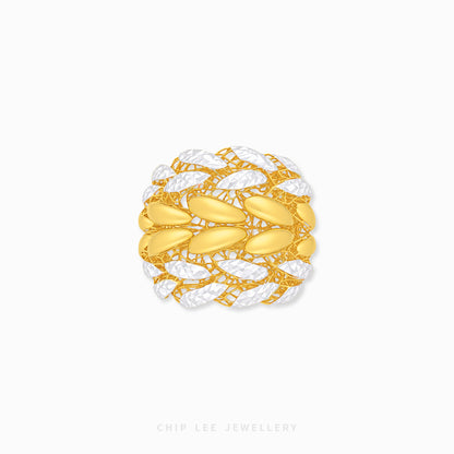A gold and white textured woven ring by Chip Lee Jewellery, featuring smooth gold oval links interwoven with textured white links, shown on a light gray background.