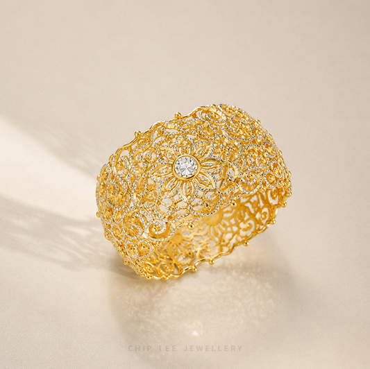 Duo Tone Floral Filigree Cuff Bangle featuring intricate floral openwork and contrasting two-tone detailing