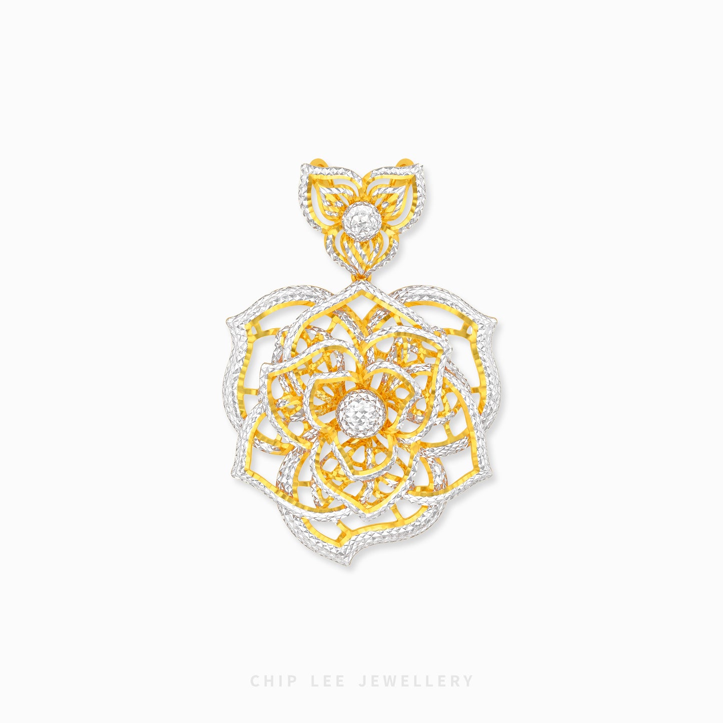 A gold and white gold pendant featuring a detailed lotus flower design with a butterfly motif at the top, set with clear stones, on a light gray background with the brand name 'CHIP LEE JEWELLERY' at the bottom.