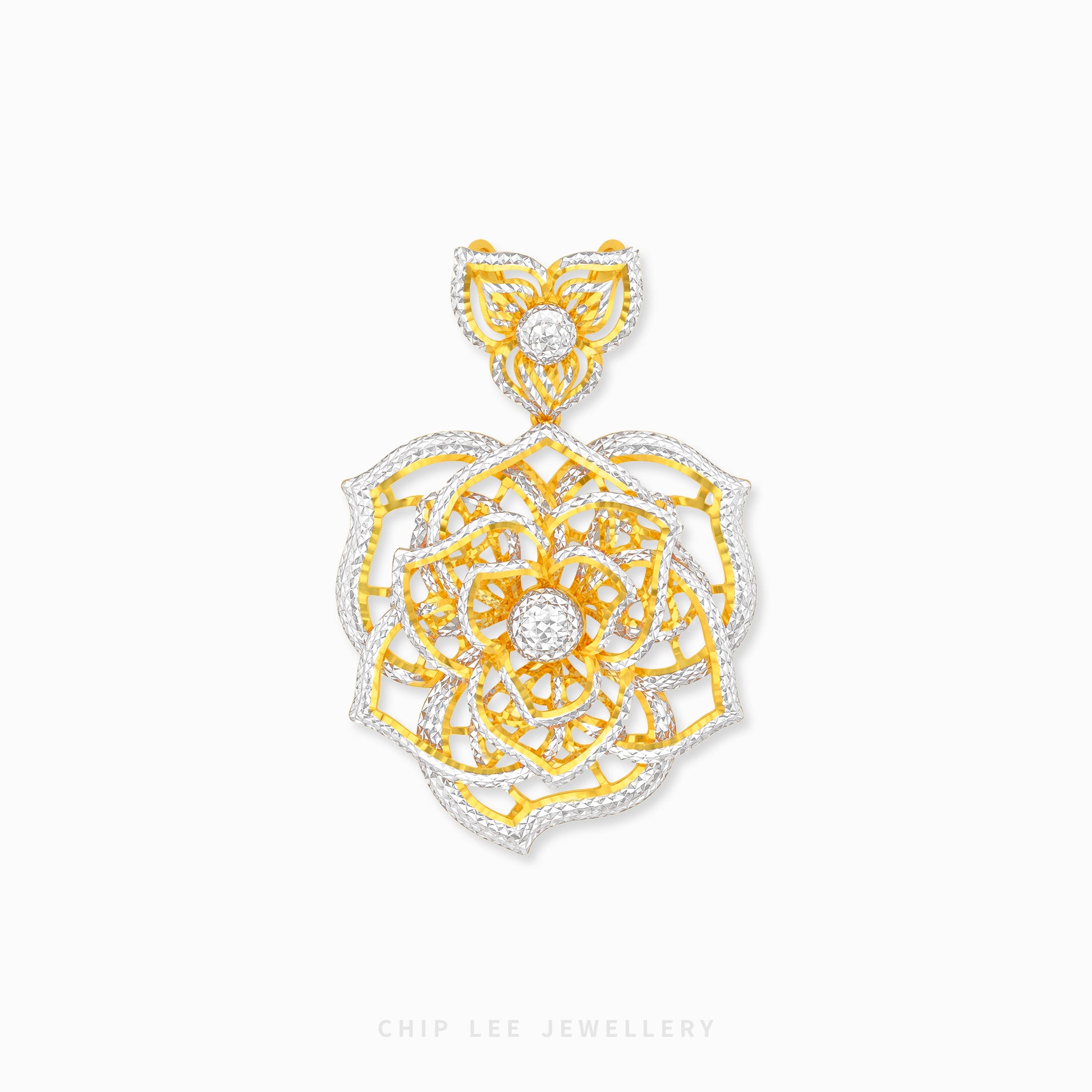 A gold and white gold pendant featuring a detailed lotus flower design with a butterfly motif at the top, set with clear stones, on a light gray background with the brand name 'CHIP LEE JEWELLERY' at the bottom.