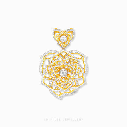 A gold and white gold pendant featuring a detailed lotus flower design with a butterfly motif at the top, set with clear stones, on a light gray background with the brand name 'CHIP LEE JEWELLERY' at the bottom.