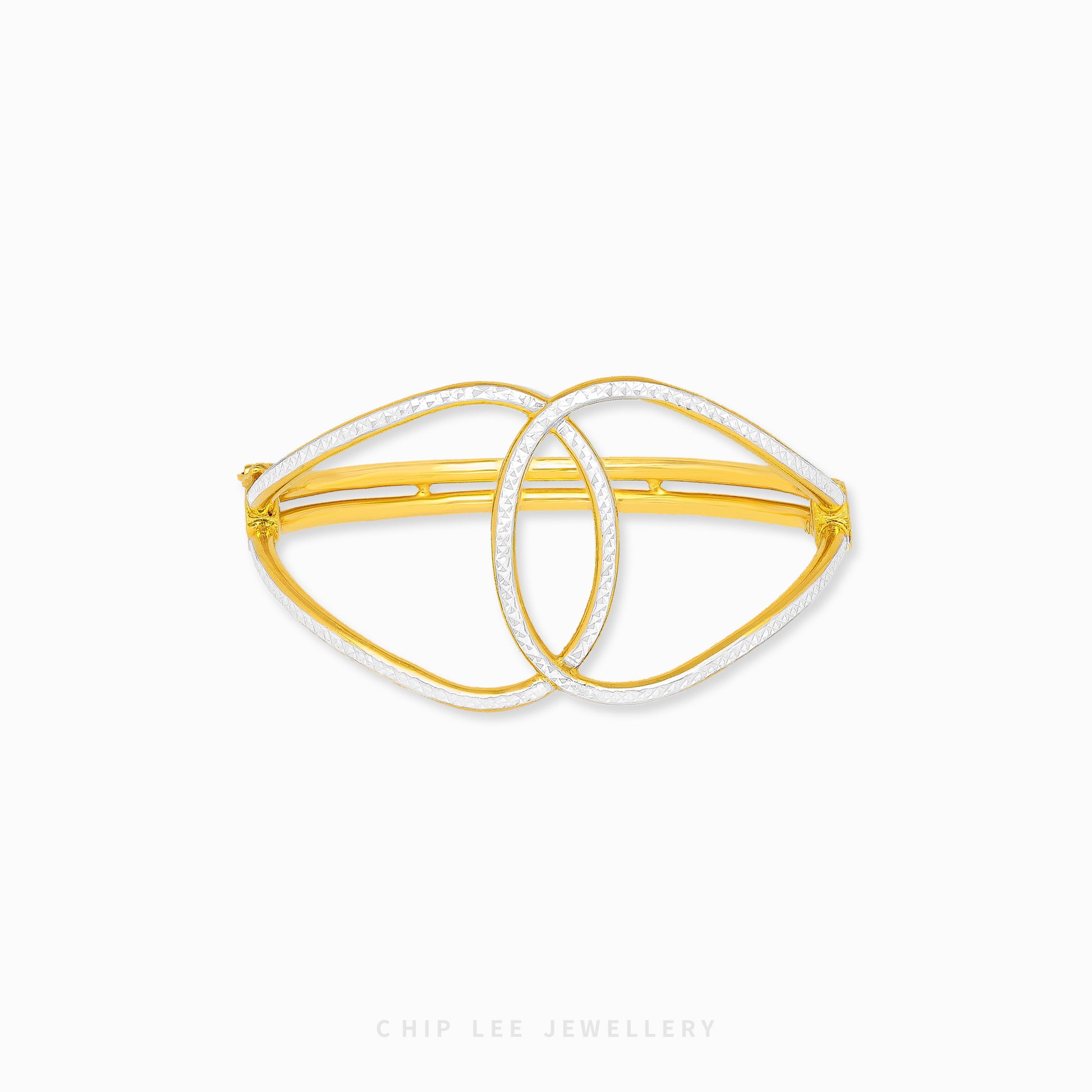 Duo Tone Gold Loop Knot Bangle by Chip Lee Jewellery Singapore, sculpted 916 gold with matte and high-polish finishes, bold and elegant accessory
