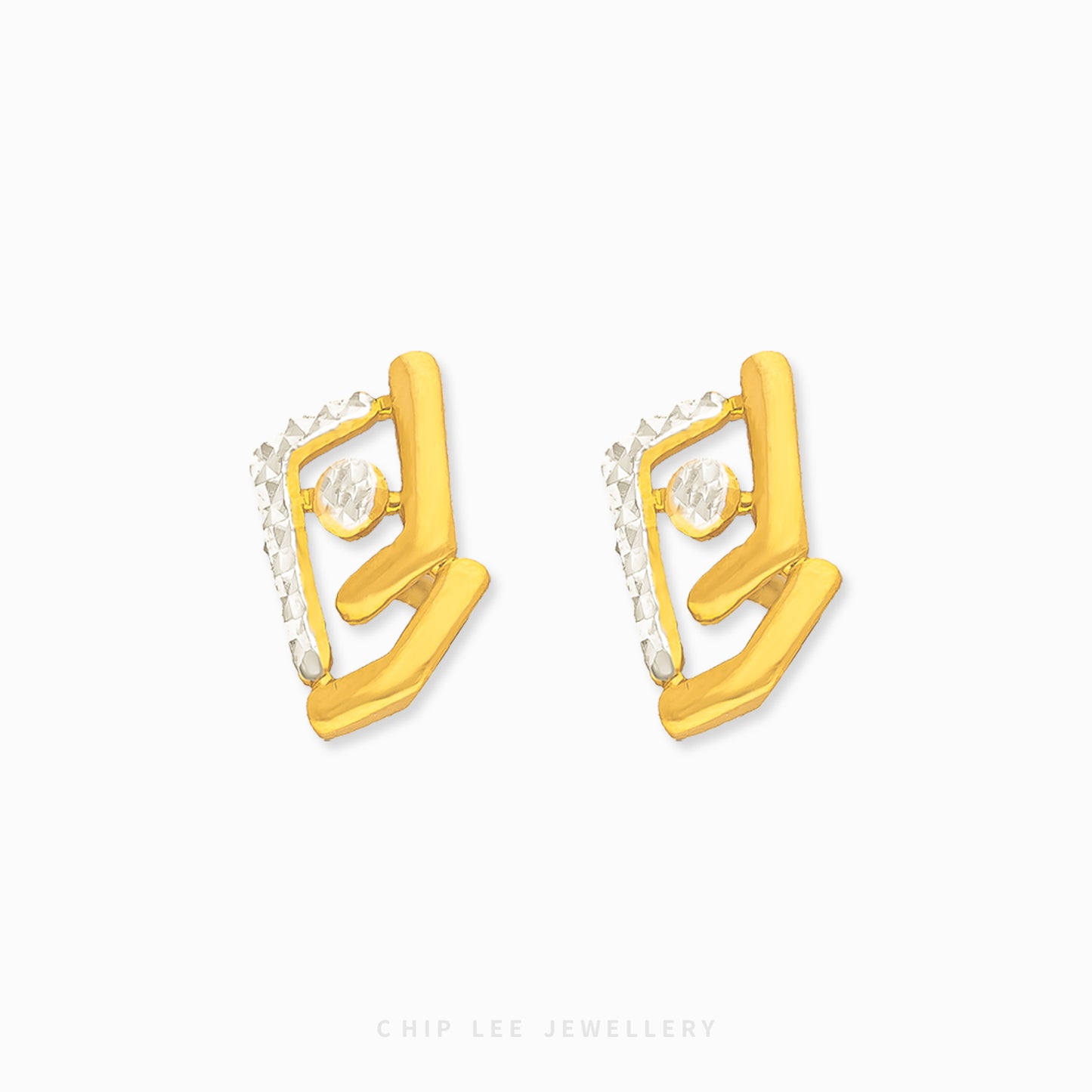 Chip Lee Jewellery Duo Tone Greco Studs. Bold 916 Gold (22K) geometric studs with Turkish design and modern two-tone contrast finish. Certified SG gold.