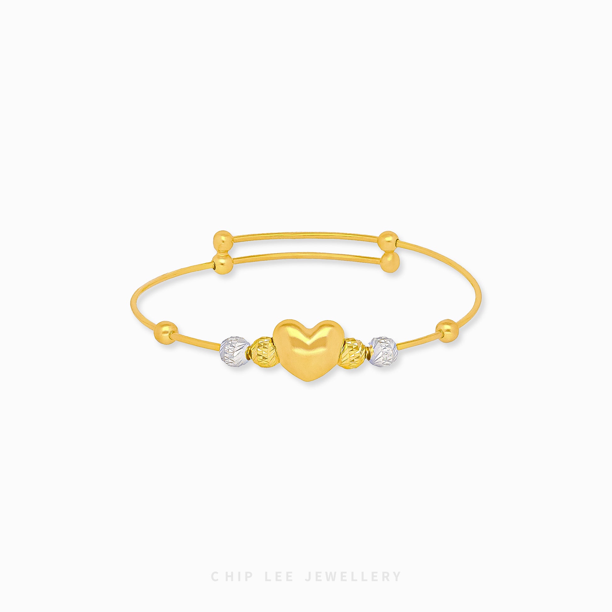 Duo Tone Heart Charm Baby Bangle by Chip Lee Jewellery Singapore, 916 gold, heart charm, duo-tone design, symbolizes love and blessings for babies.