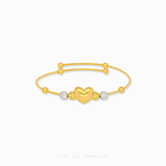 Duo Tone Heart Charm Baby Bangle by Chip Lee Jewellery Singapore, 916 gold, heart charm, duo-tone design, symbolizes love and blessings for babies.