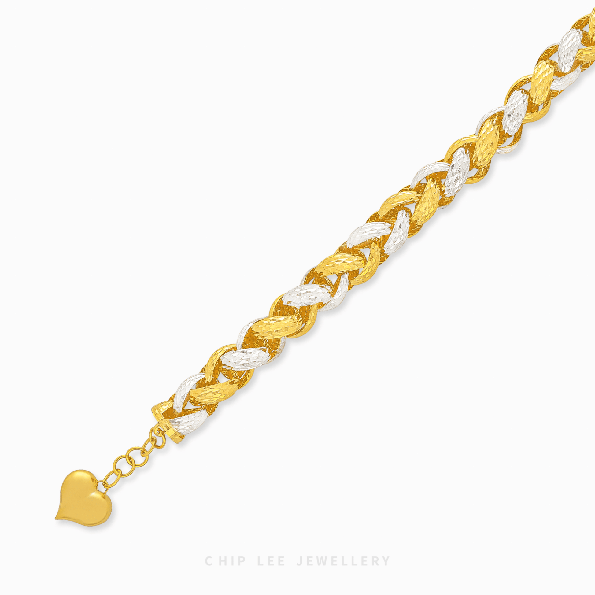 Duo Tone Heart Charm Chunky Bracelet in yellow & white 22K/916 gold by Chip Lee Jewellery Singapore – certified gold, dual‑tone heart charm design.