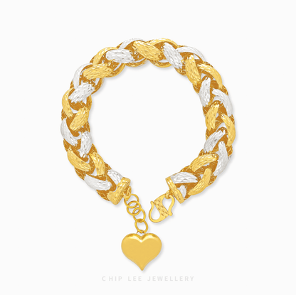 Duo Tone Heart Charm Chunky Bracelet in yellow & white 22K/916 gold by Chip Lee Jewellery Singapore – certified gold, dual‑tone heart charm design.