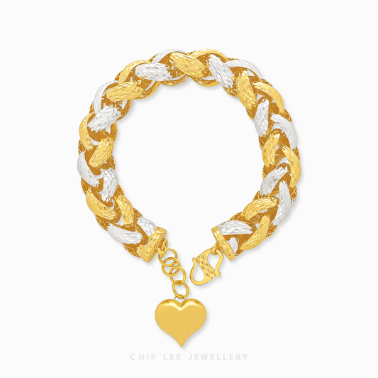 Duo Tone Heart Charm Chunky Bracelet in yellow & white 22K/916 gold by Chip Lee Jewellery Singapore – certified gold, dual‑tone heart charm design.
