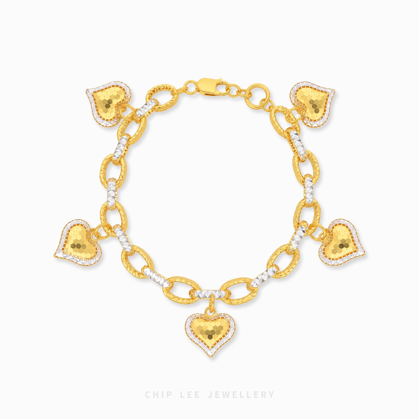 Gold bracelet with heart-shaped charms on a white background