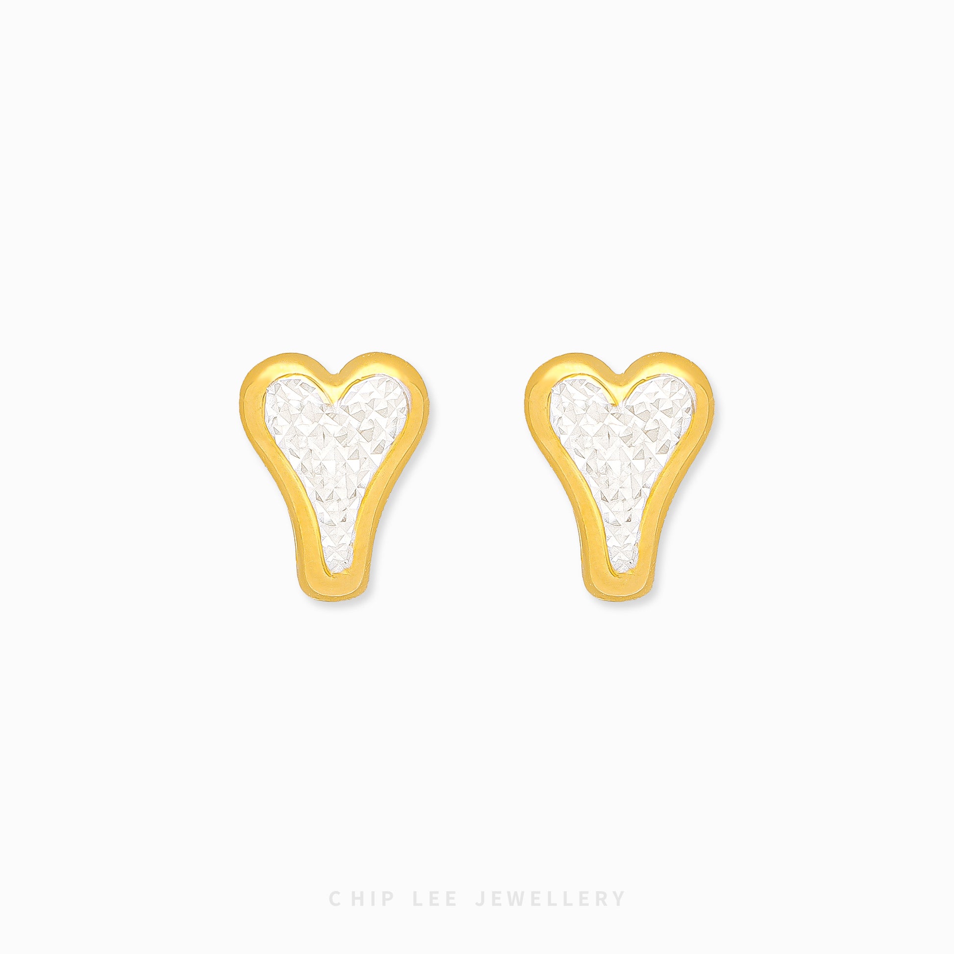 Chip Lee Jewellery Singapore Duo Tone Heart Studs. 916/22K dual-color gold earrings, elegant heart design. Certified Singapore jewelry gift.