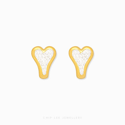 Chip Lee Jewellery Singapore Duo Tone Heart Studs. 916/22K dual-color gold earrings, elegant heart design. Certified Singapore jewelry gift.
