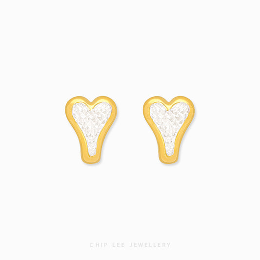 Chip Lee Jewellery Singapore Duo Tone Heart Studs. 916/22K dual-color gold earrings, elegant heart design. Certified Singapore jewelry gift.
