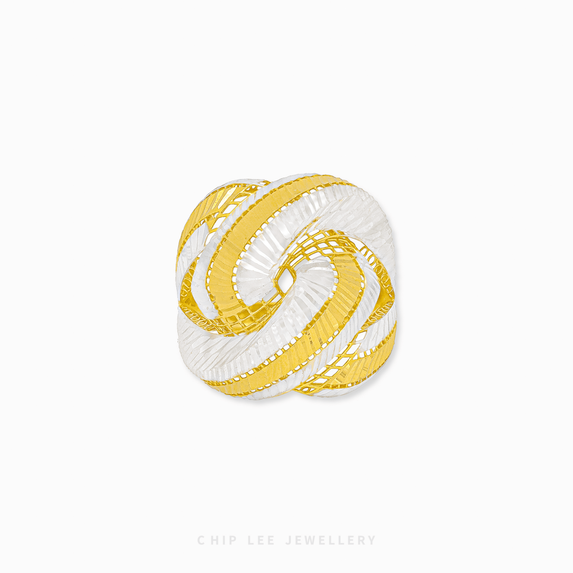 Modern Duo Tone Infinity Loop Ring in 916 gold, showcasing two intertwined intricated loops.