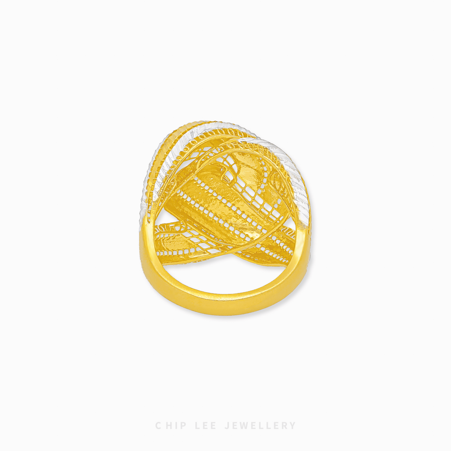 Modern Duo Tone Infinity Loop Ring in 916 gold, showcasing two intertwined intricated loops.