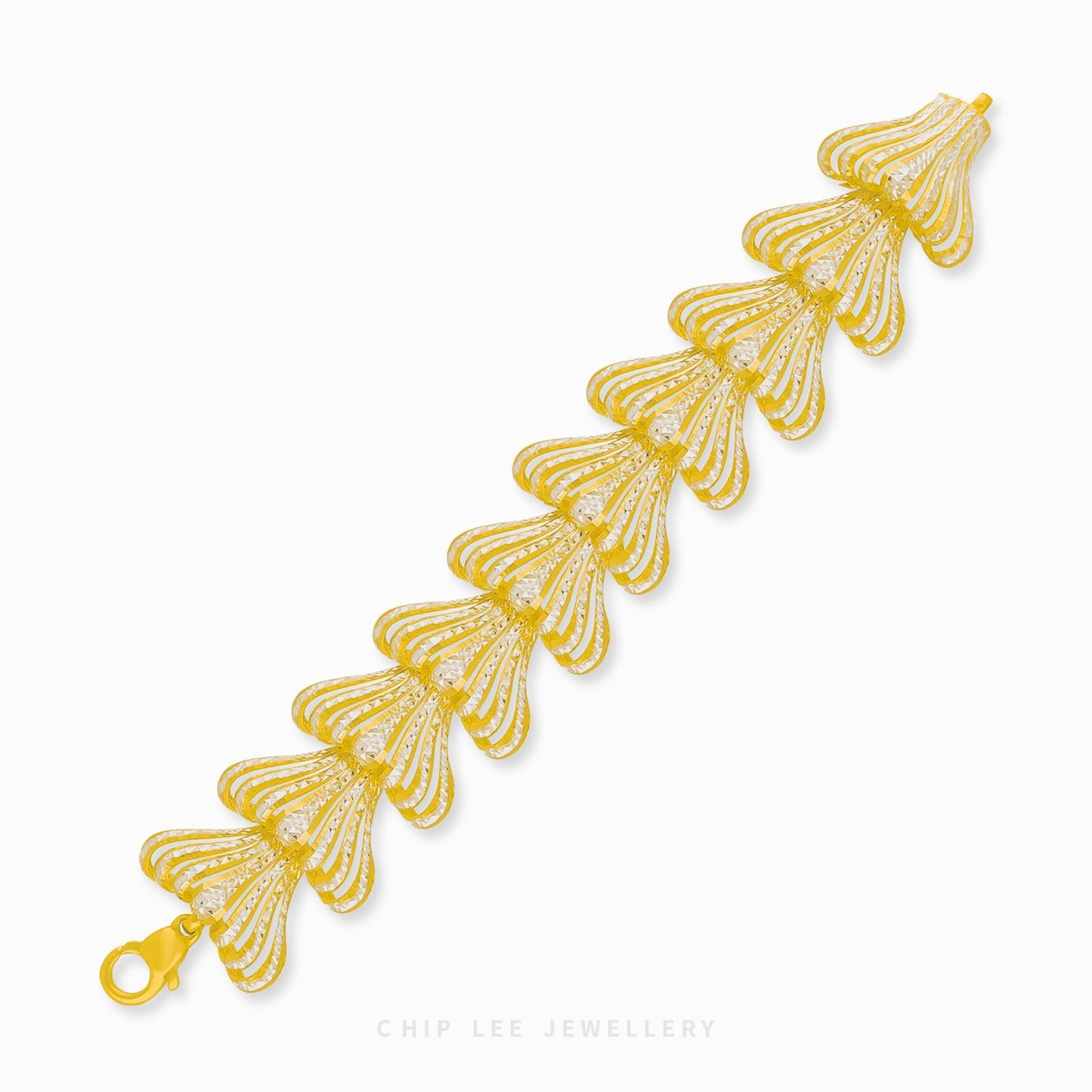 Duo Tone Intricate Chunky Bracelet in yellow & white 22K/916 gold by Chip Lee Jewellery Singapore – certified gold, bold interlocking design.