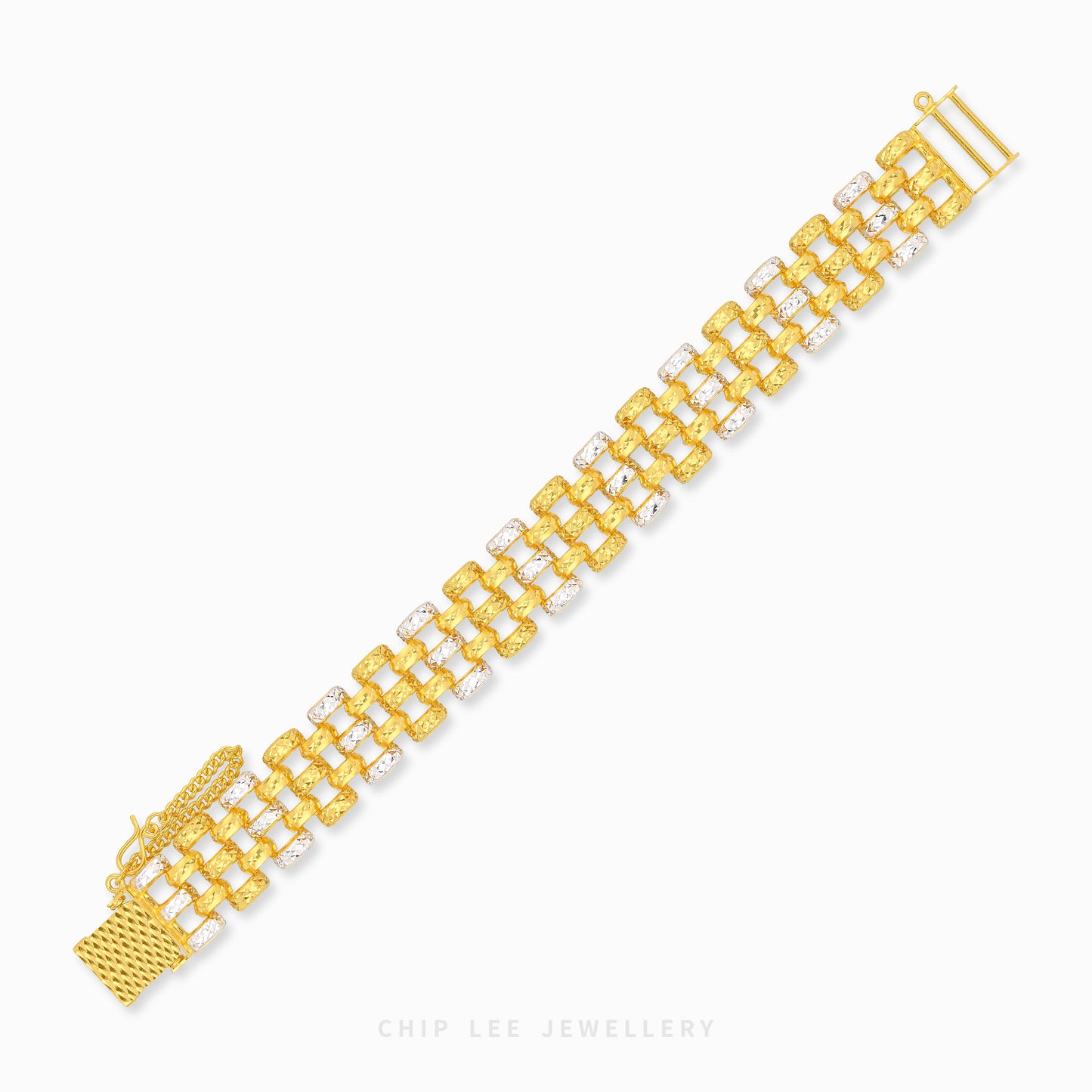 A yellow gold link bracelet with clear pavé-set stones, shown diagonally on a light gray background. The brand name 'CHIP LEE JEWELLERY' is printed in small letters at the bottom.