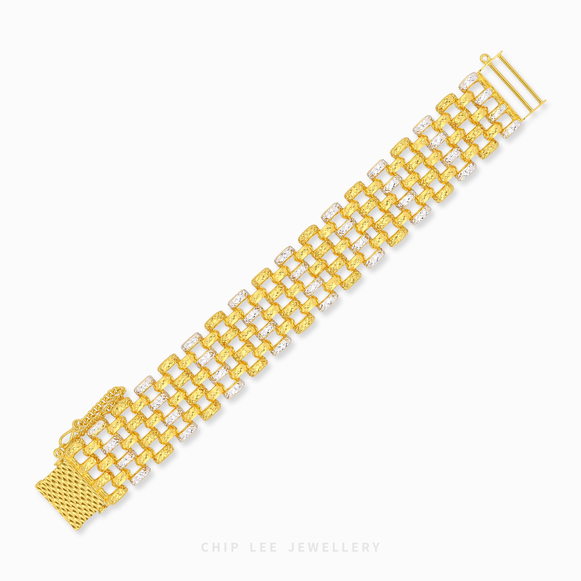 A yellow gold link bracelet with clear rectangular pavé stones, shown diagonally on a light gray background with the brand name 'CHIP LEE JEWELLERY' printed at the bottom.