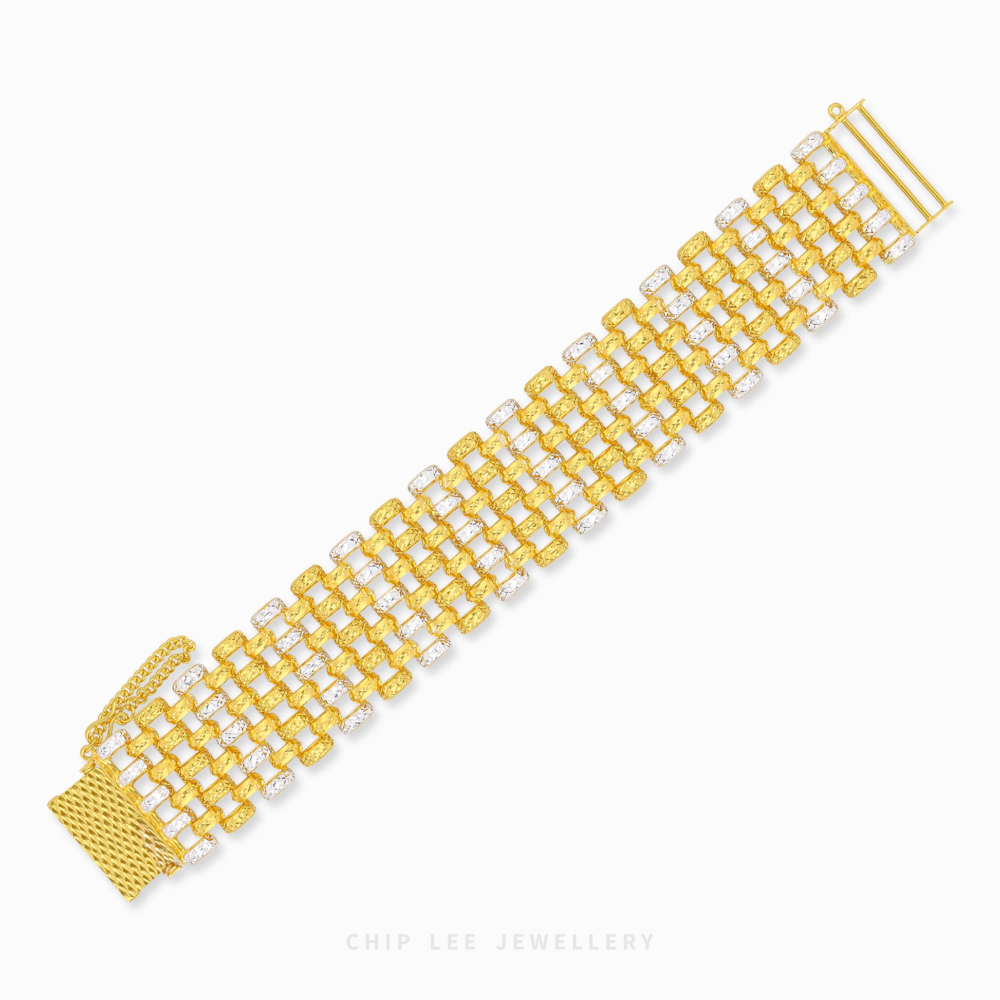 A yellow gold link bracelet with clear gemstones, shown diagonally on a light gray background. The brand name 'CHIP LEE JEWELLERY' is printed at the bottom.