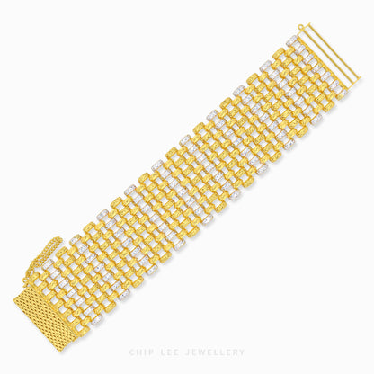 A yellow gold mesh bracelet with rows of clear pavé-set stones, shown diagonally on a light gray background. The brand name 'CHIP LEE JEWELLERY' is printed at the bottom.