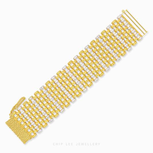 A yellow gold mesh bracelet with rows of clear pavé-set stones, shown diagonally on a light gray background. The brand name 'CHIP LEE JEWELLERY' is printed at the bottom.