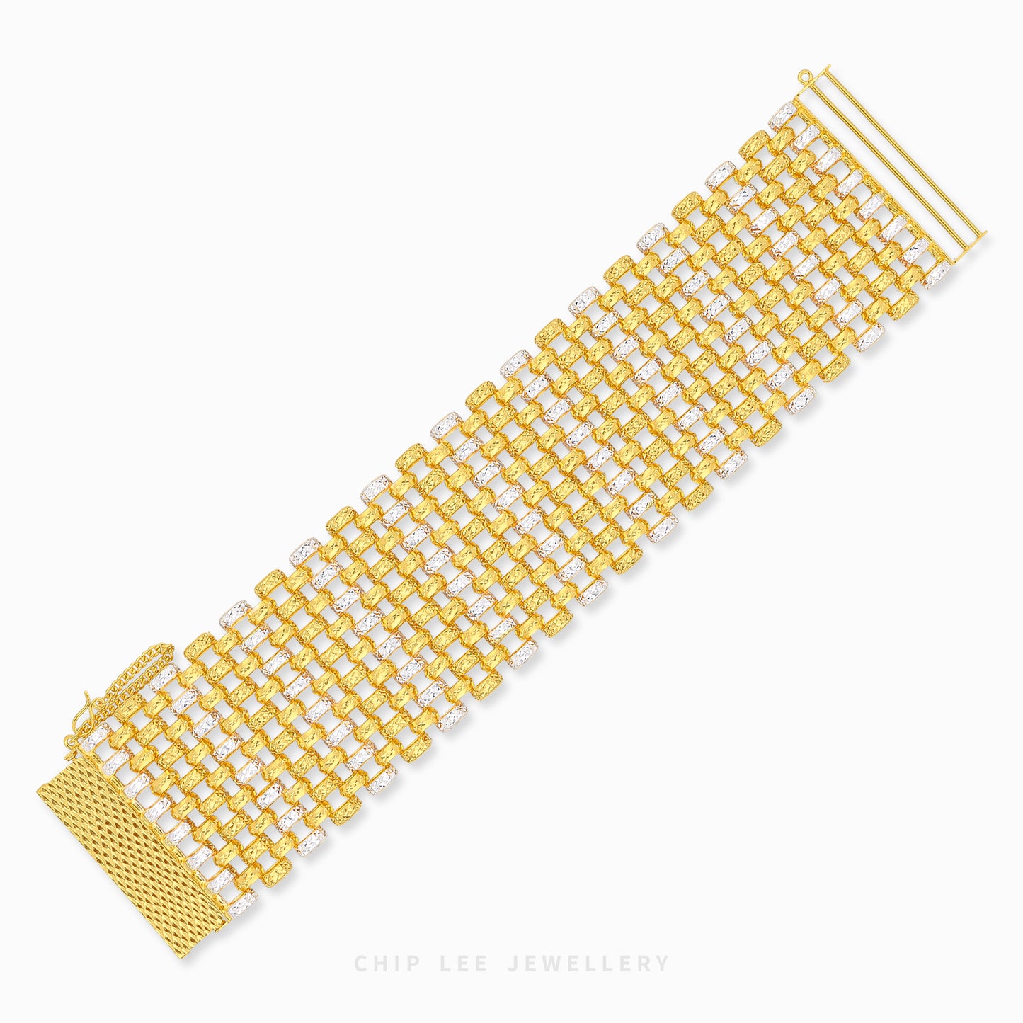 A gold mesh link bracelet with clear gemstones set in a woven pattern, displayed diagonally on a white background with a brand watermark at the bottom.