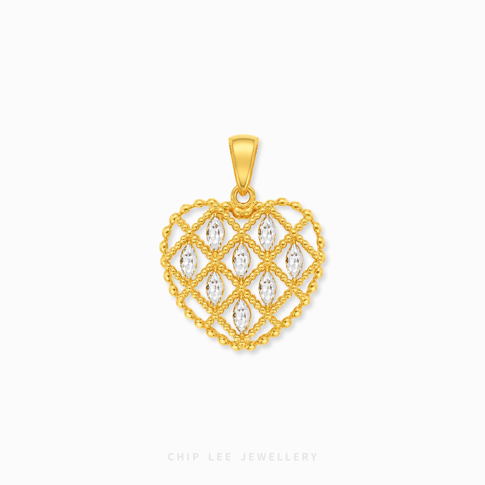 A gold heart-shaped pendant with a beaded border and a central diamond lattice pattern set with clear marquise-cut stones, shown on a light gray background with the brand name 'CHIP LEE JEWELLERY' at the bottom.