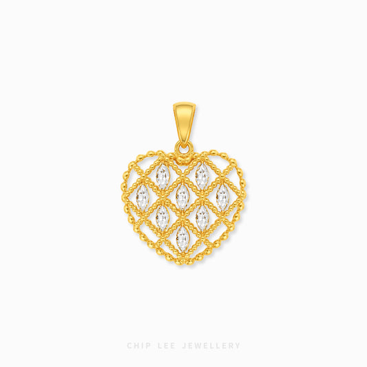 A gold heart-shaped pendant with a beaded border and a central diamond lattice pattern set with clear marquise-cut stones, shown on a light gray background with the brand name 'CHIP LEE JEWELLERY' at the bottom.