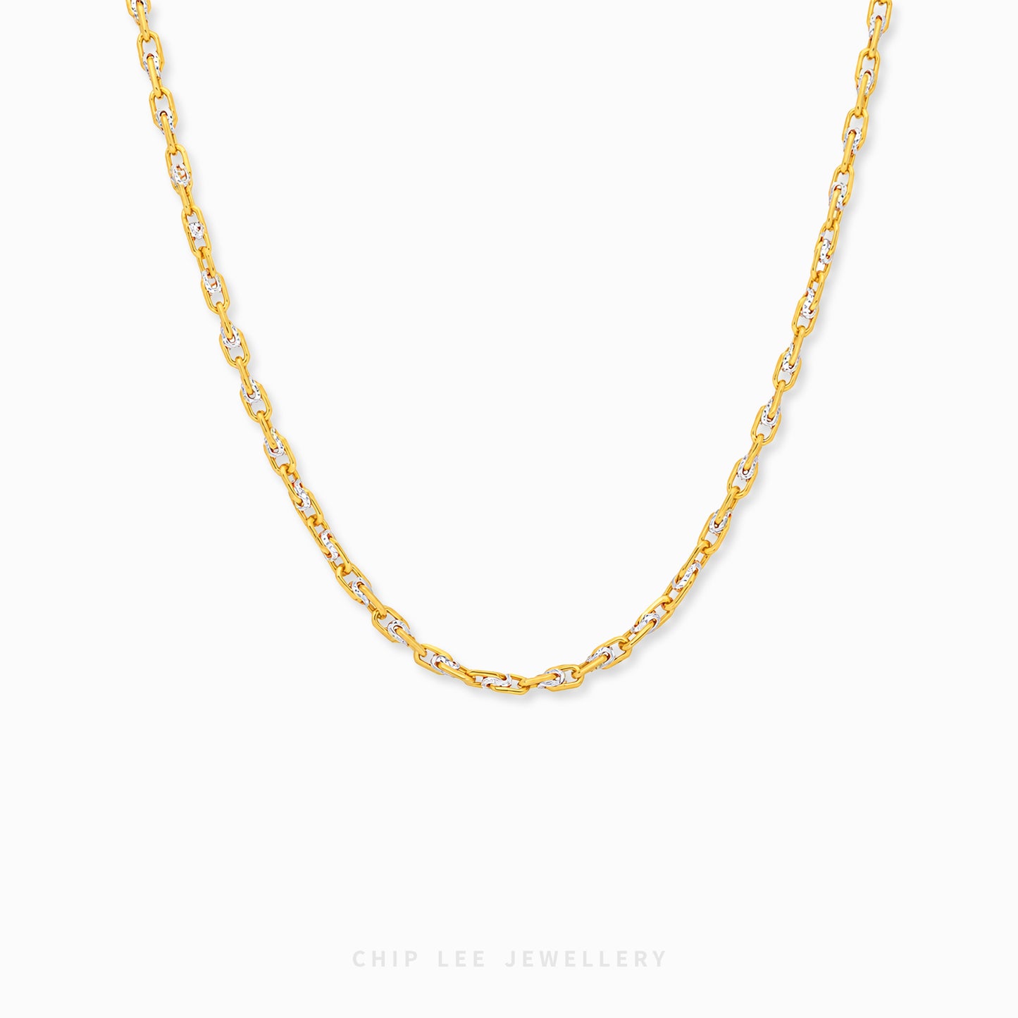A gold chain necklace with a twisted, rope-like link design, displayed against a clean white background with the brand name 'CHIP LEE JEWELLERY' printed at the bottom.
