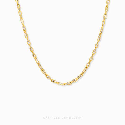 A gold chain necklace with a twisted, rope-like link design, displayed against a clean white background with the brand name 'CHIP LEE JEWELLERY' printed at the bottom.
