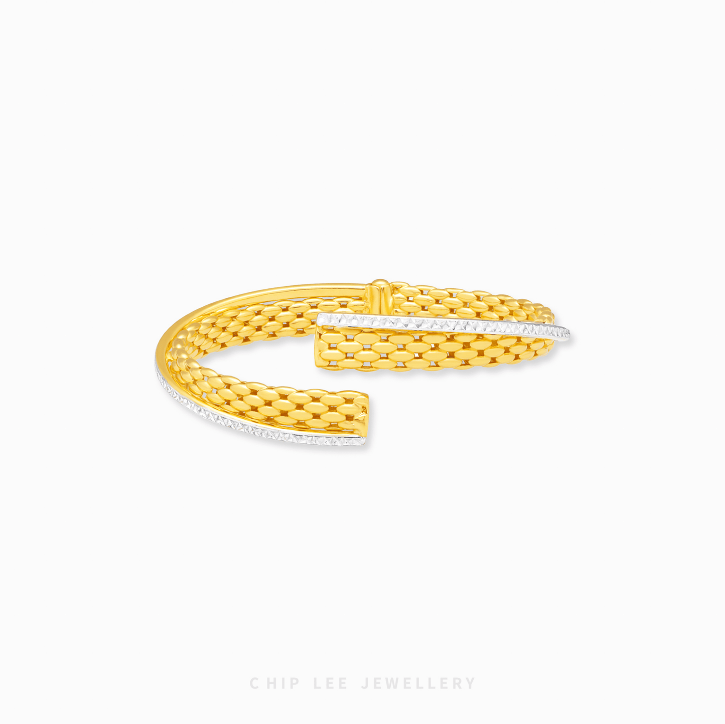 Duo Tone Mesh Cuff Bangle with woven mesh texture, dual tone finish, modern elegant women’s bracelet jewelry