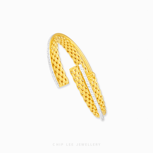 Duo Tone Mesh Cuff Bangle with woven mesh texture, dual tone finish, modern elegant women’s bracelet jewelry