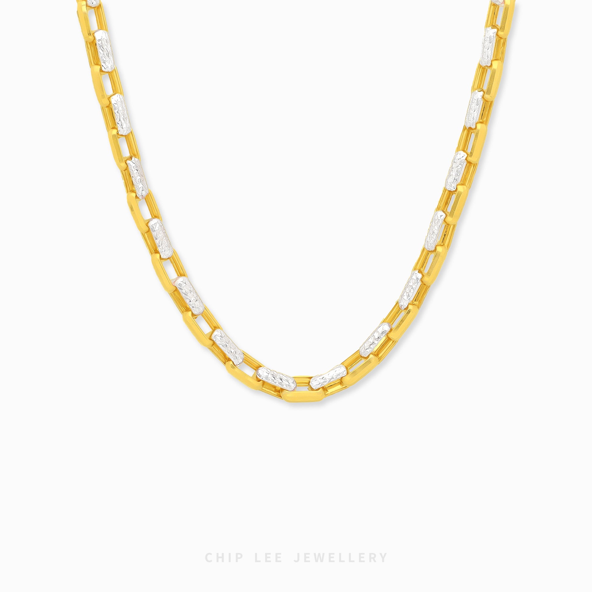 Duo Tone Paperclip Link Chain Necklace featuring polished gold-tone paperclip links with textured white accent links in a contemporary two-tone design.
